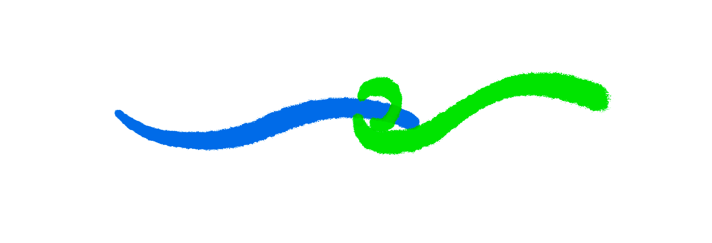 A blue thread knotted together with a green one